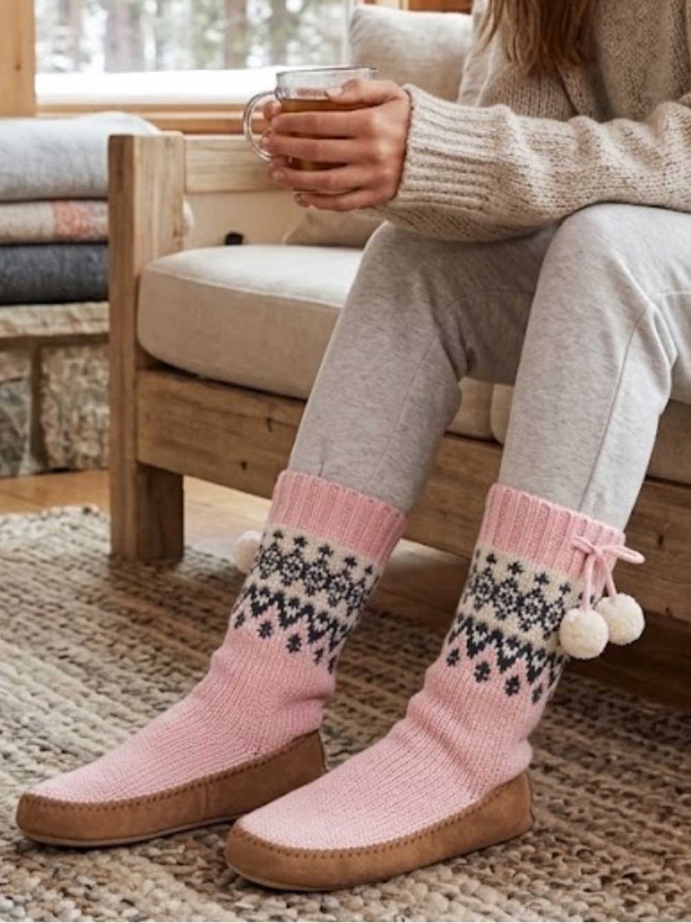 J. Crew merino wool slouchy slipper socks with pink Fair Isle knit Pom poms